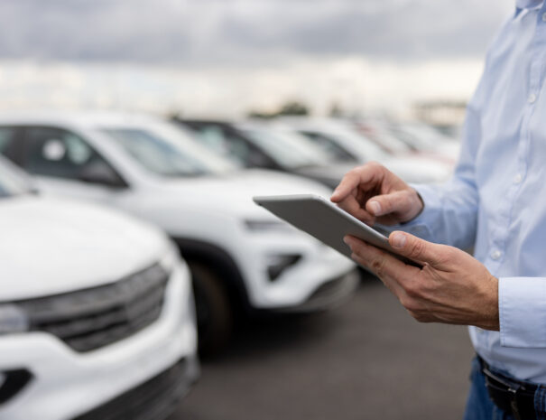 Close-up on a car salesperson using a tablet computer at the car dealership
