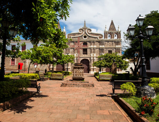 Historical Santa Barbara church built in 1726 at the beautiful colonial town of Santa Fe de Antioquia in Colombia
