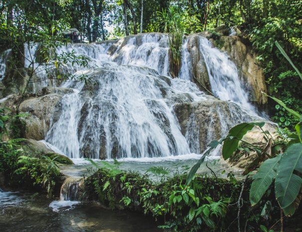 Detail of the waterfalls of Cascadas de Agua Azul in Chiapas Mexico